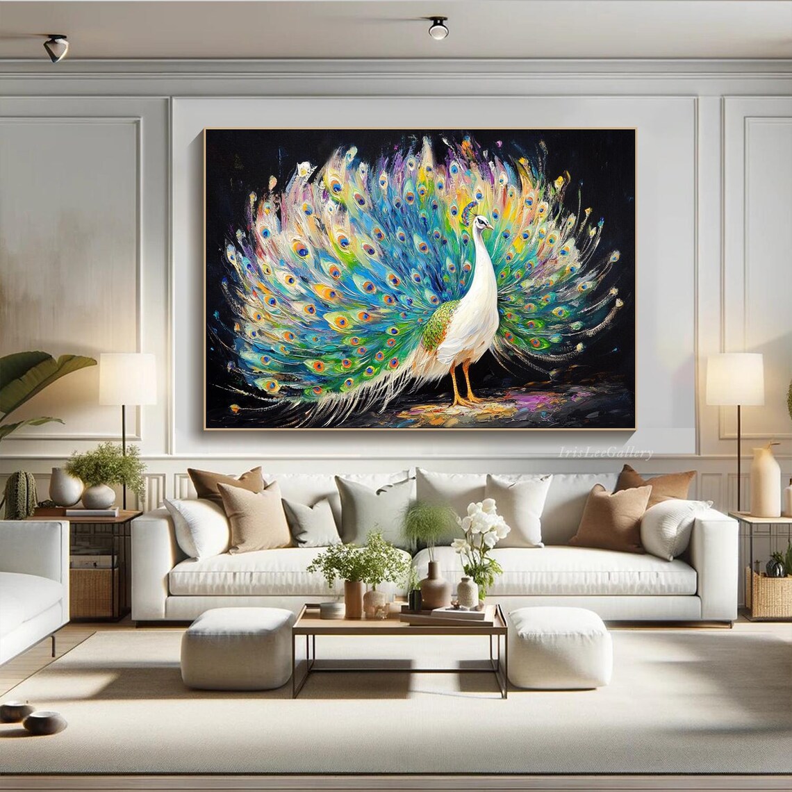 White Peacock Colorful Tail Black Background Vibrant Animal Art Poster - Image 4