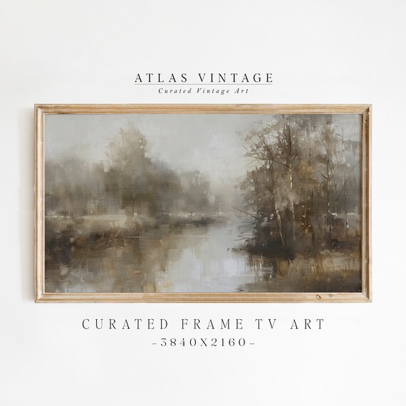 Muted Gray Forest River Misty Vintage Abstract Landscape Painting Poster