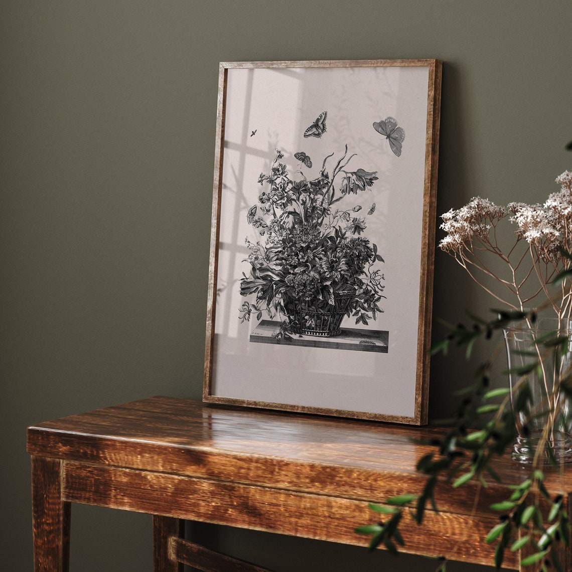 Black and White Flower Basket Botanical Engraving Vintage Poster - Image 6