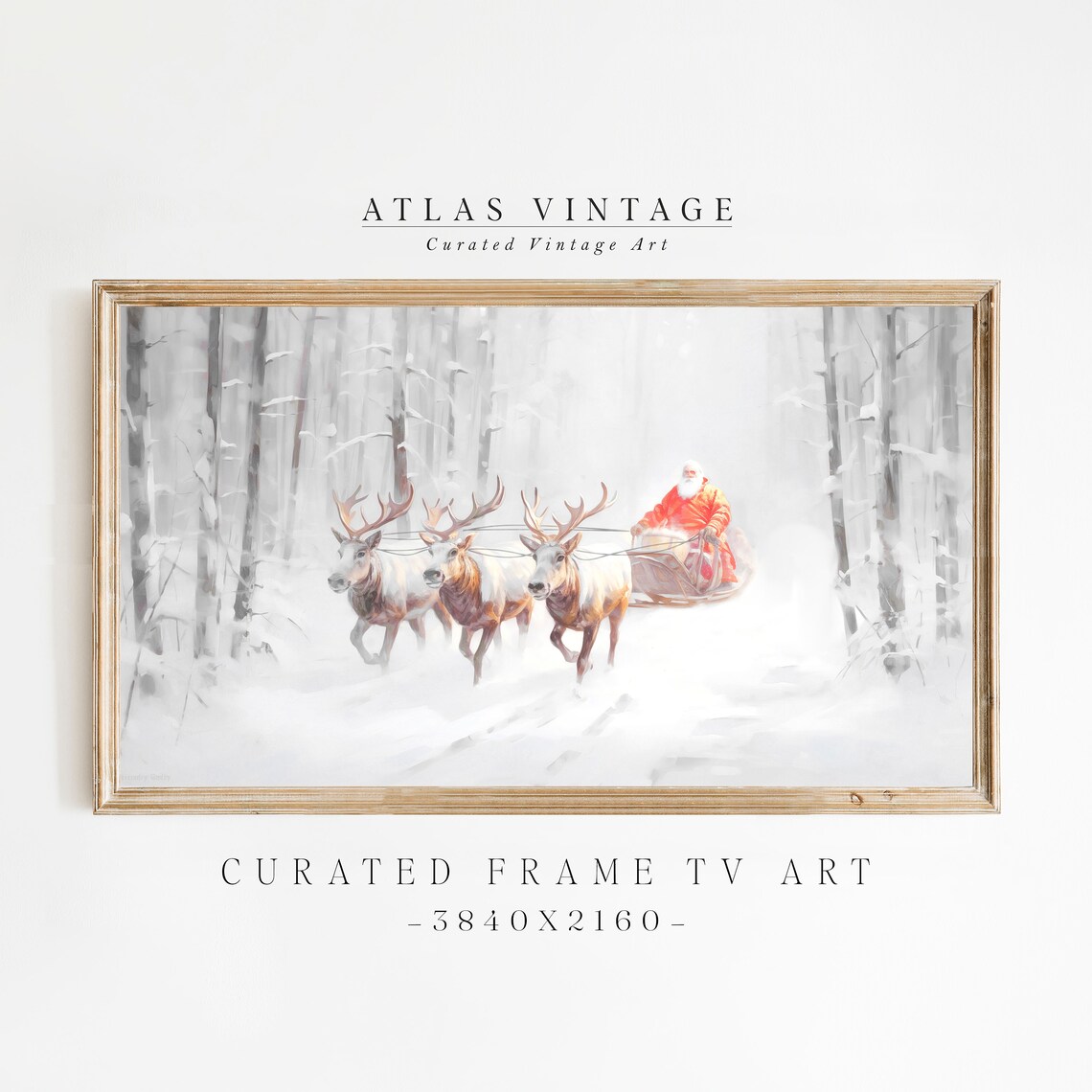 Santa Sleigh with Reindeer in Snowy Forest Vintage Christmas Poster