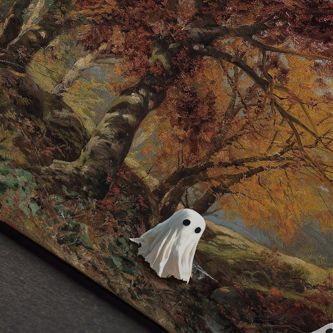 Cute Ghosts in Autumn Forest Vintage Halloween Painting Spooky Cute Poster - Image 6