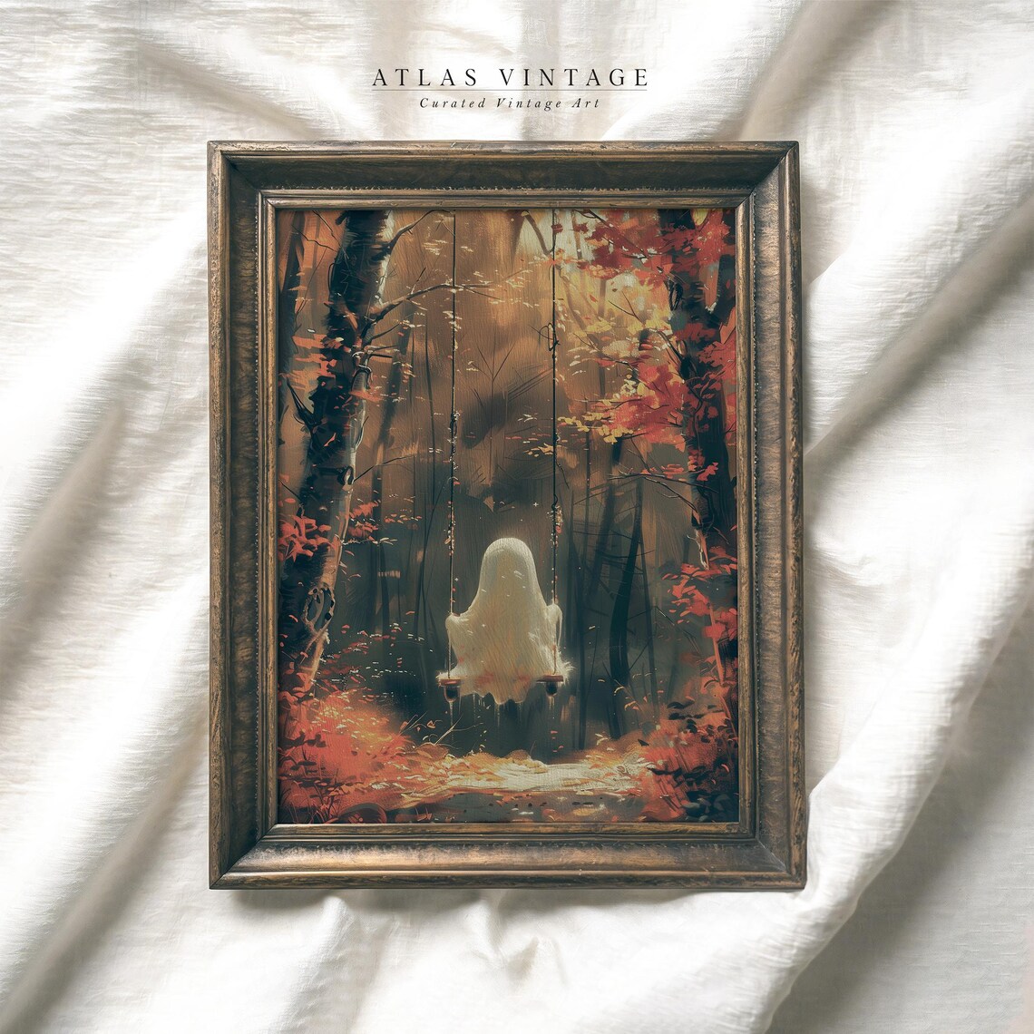 Cute Ghost on Swing in Autumn Forest Vintage Halloween Spooky Fall Art Poster