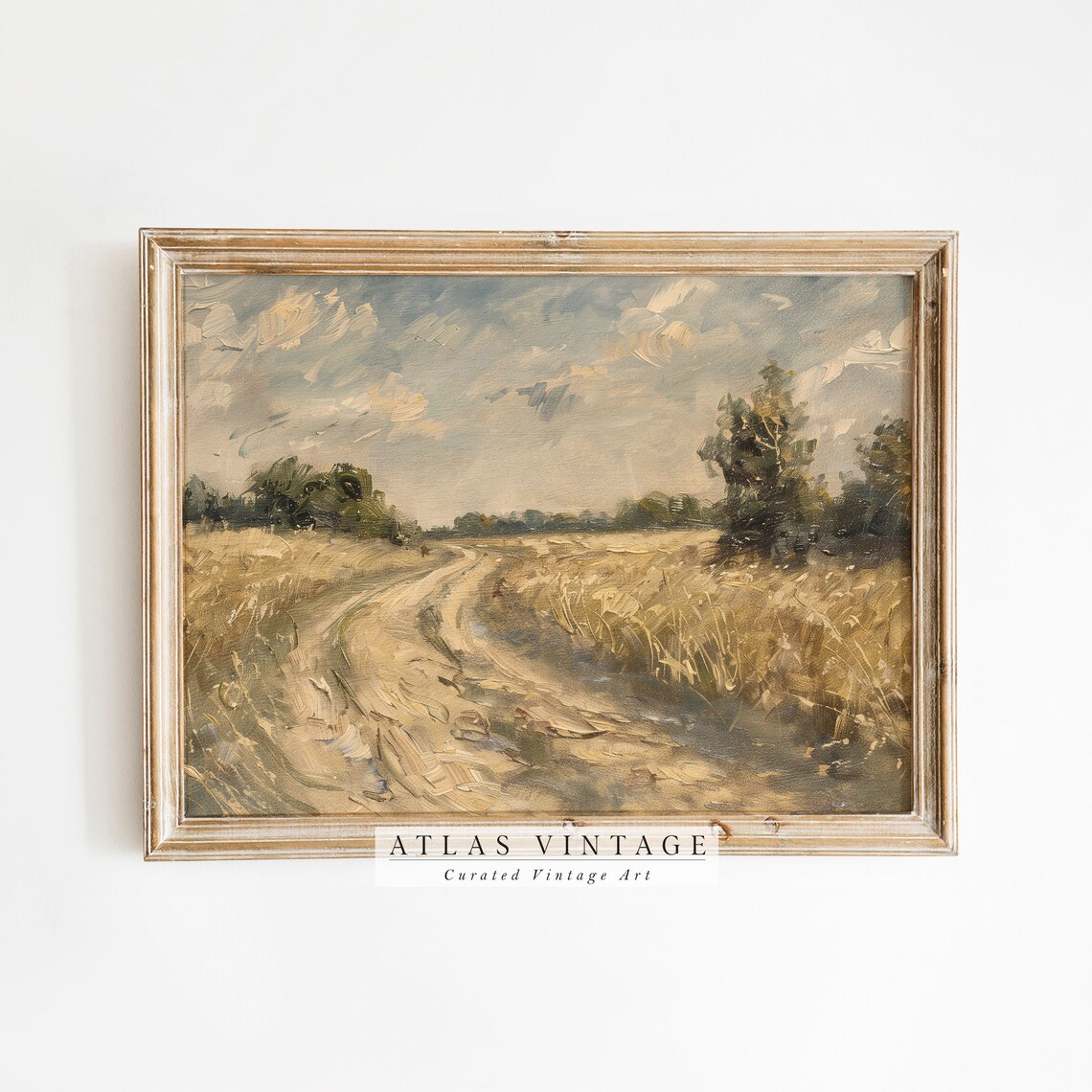 Winding Dirt Road Golden Wheat Field Dramatic Clouds Vintage Landscape Poster