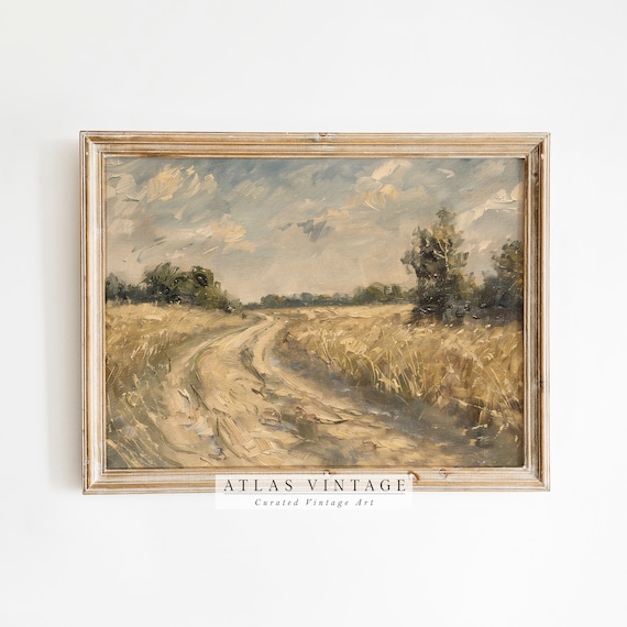 Winding Dirt Road Golden Wheat Field Dramatic Clouds Vintage Landscape Poster