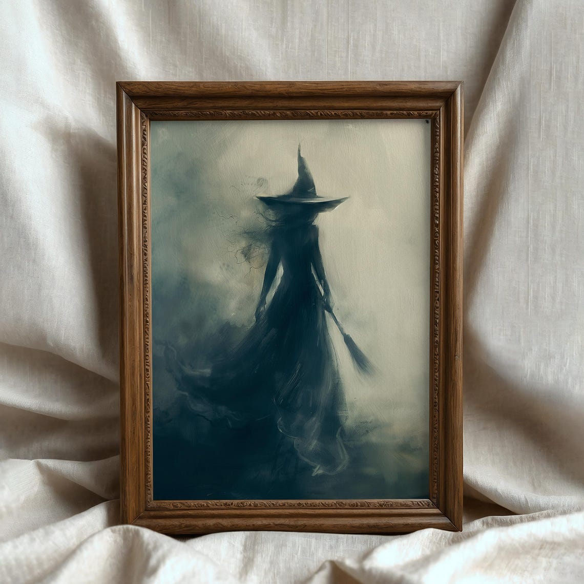 Misty Witch Silhouette Holding Broom in Fog Dark Halloween Poster - Image 6