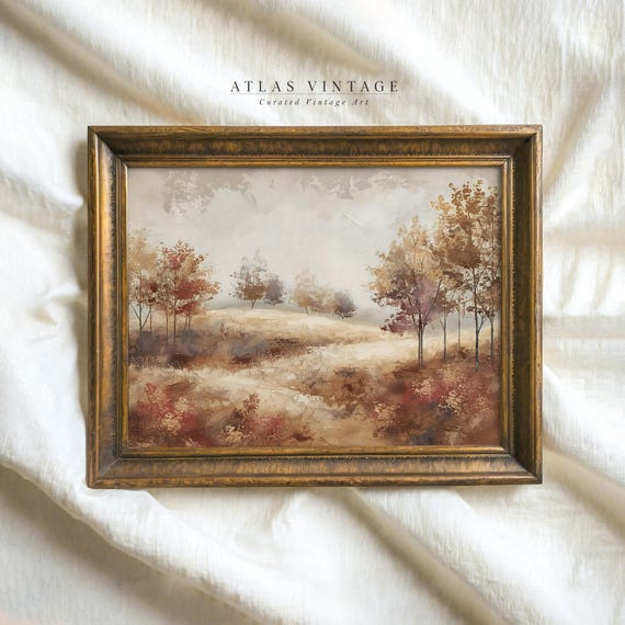 Vintage Autumn Forest Landscape Print Watercolor Fall Scenery Painting Rustic Farmhouse Decor Moody Cottagecore Wall Art