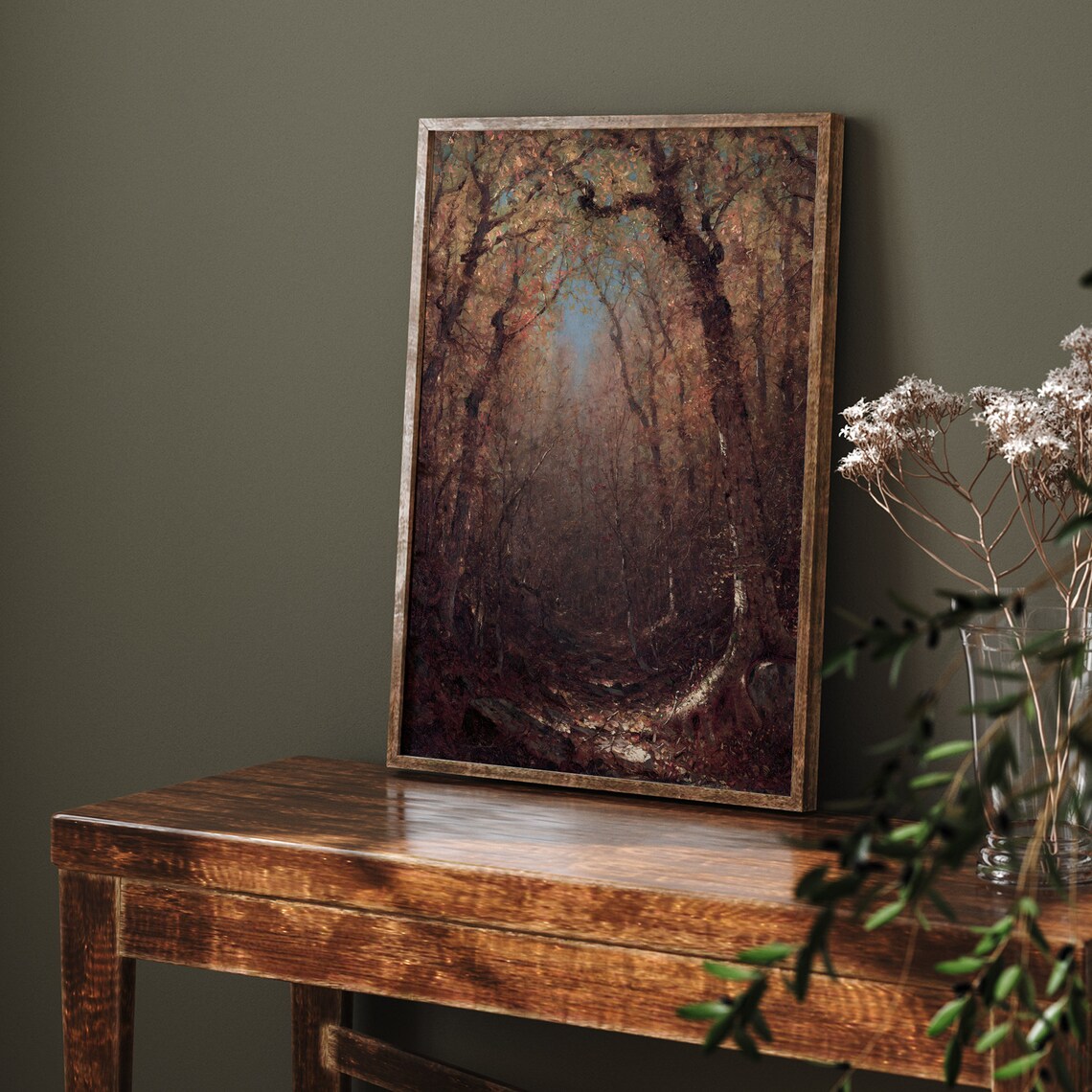 Moody Dark Autumn Forest Oil Painting Print Vintage Fall Landscape Rustic - Image 6