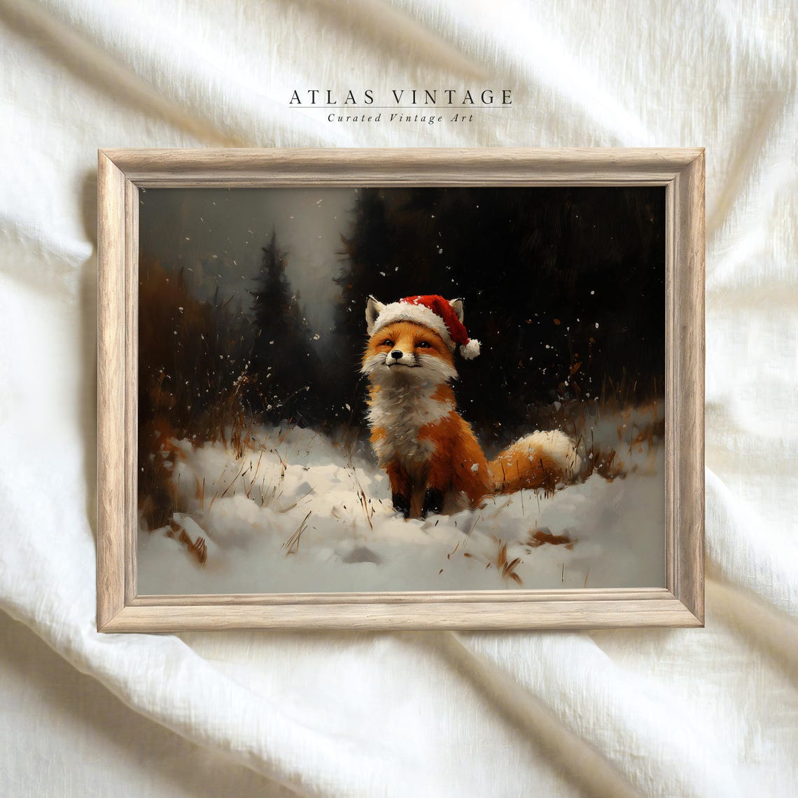 Fox in a Santa Hat Snowy Vintage Christmas Animal Painting Poster - Image 4