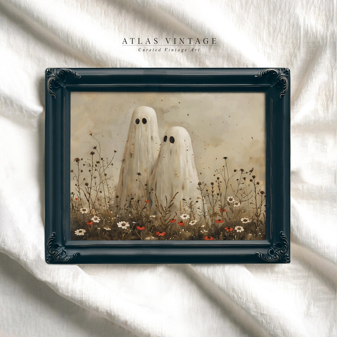 Cute Ghosts in Wildflower Meadow Poster Spooky Halloween Vintage Art - Image 4
