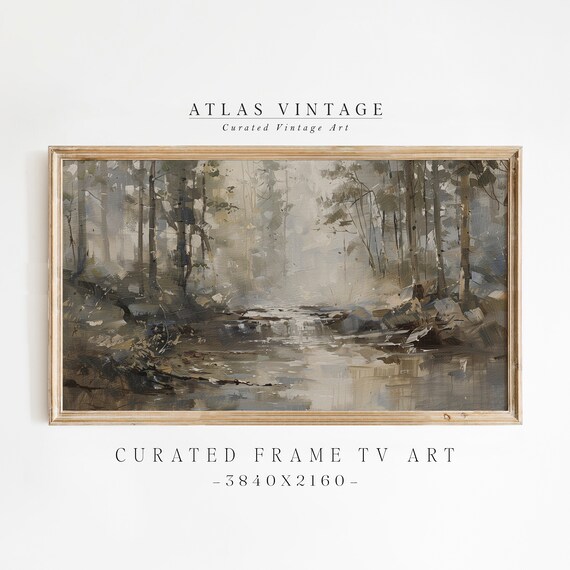 Misty Forest Stream Vintage Woodland Creek Neutral Tonal Art Poster
