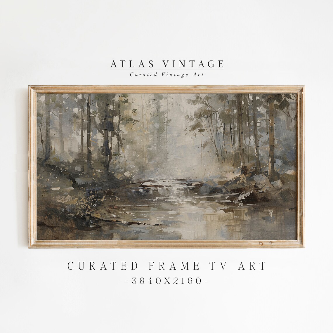 Misty Forest Stream Vintage Woodland Creek Neutral Tonal Art Poster