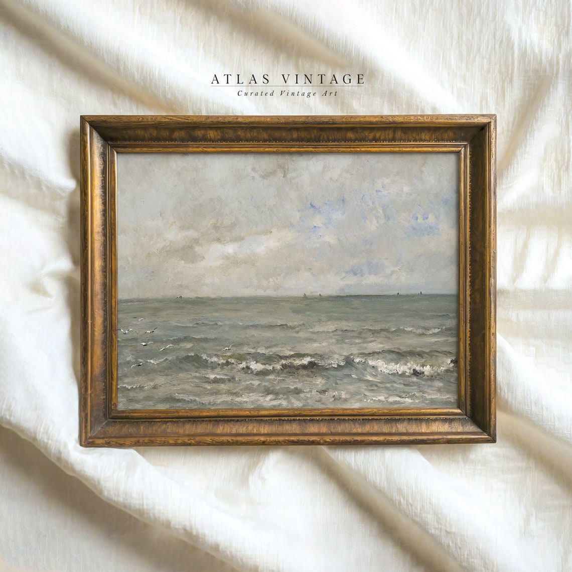 Gray Ocean Seascape With Gulls And Distant Sails Cloudy Sky Poster - Image 2