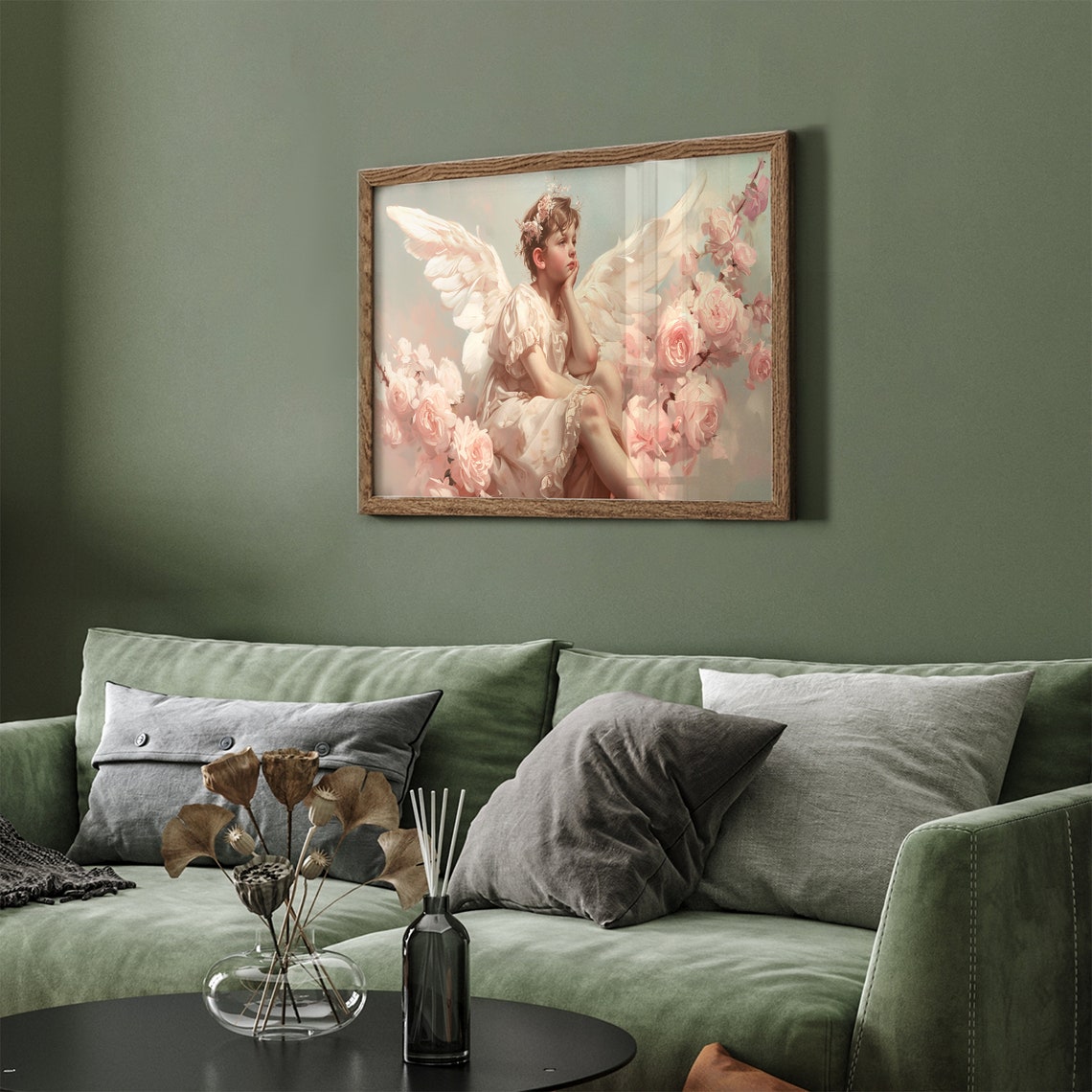 Dreamy Winged Angel Child Among Pink Roses Soft Pastel Cherub Poster - Image 4