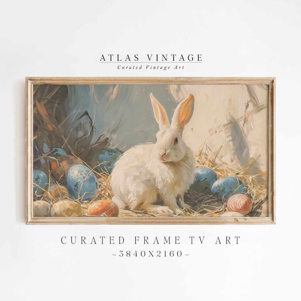 White Rabbit with Easter Eggs in Straw Nest Oil Painting Poster