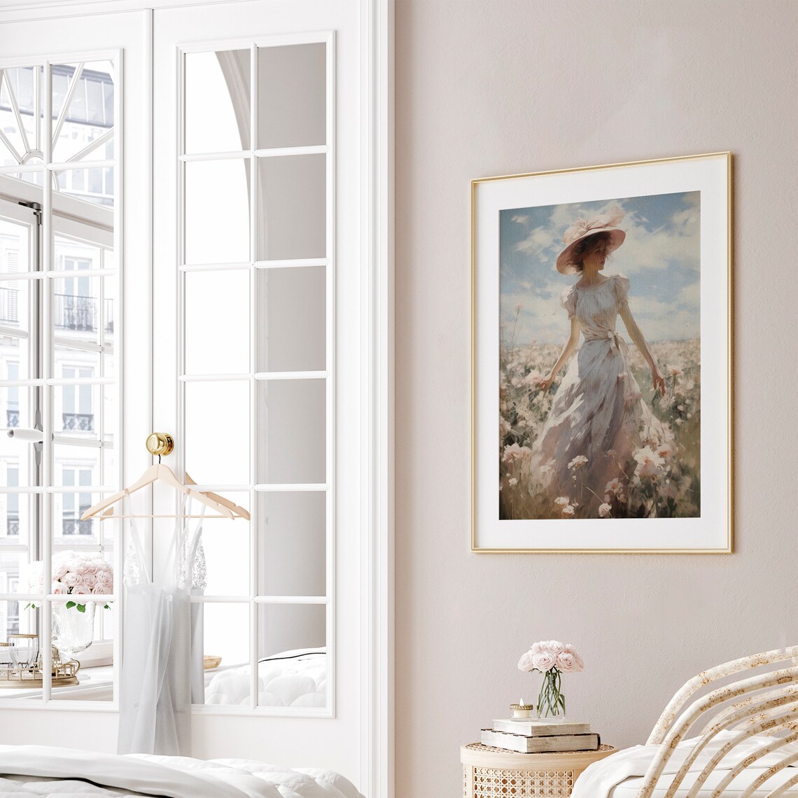 Woman in White Dress and Pink Hat Walking Flower Field Poster - Image 8