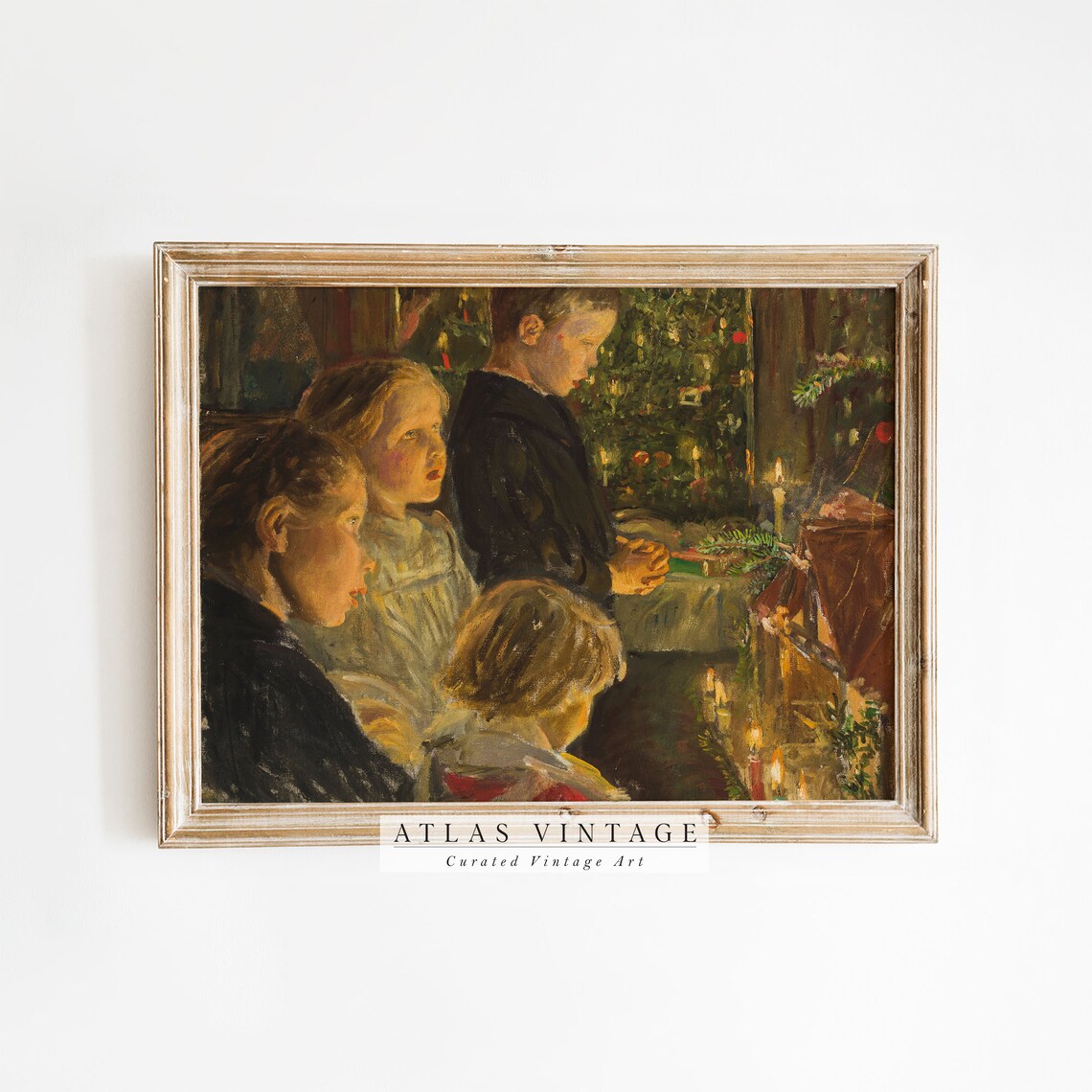 Children Around a Candlelit Christmas Table Vintage Holiday Oil Poster