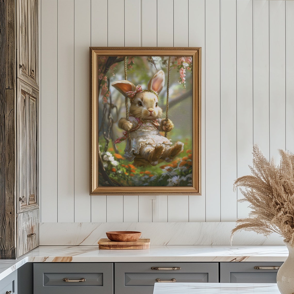 Vintage Cute Swinging Easter Bunny Print Spring Rabbit Wall Art Nursery Dcor Kids Room Dcor Antique Bunny Painting - Image 5