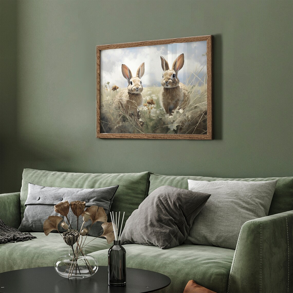 Two Cute Bunnies in Sunny Wildflower Meadow Vintage Spring Painting Poster - Image 3
