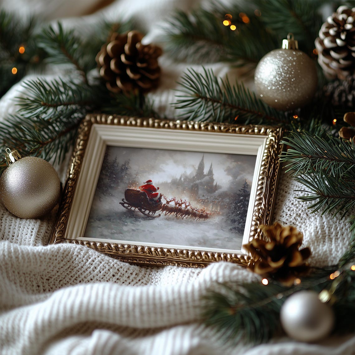 Santa Claus in a Red Sleigh Racing Toward a Snowy Village Poster - Image 7