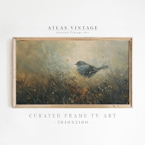 Small Dark Bird in Tall Grass Muted Vintage Impressionist Art Poster