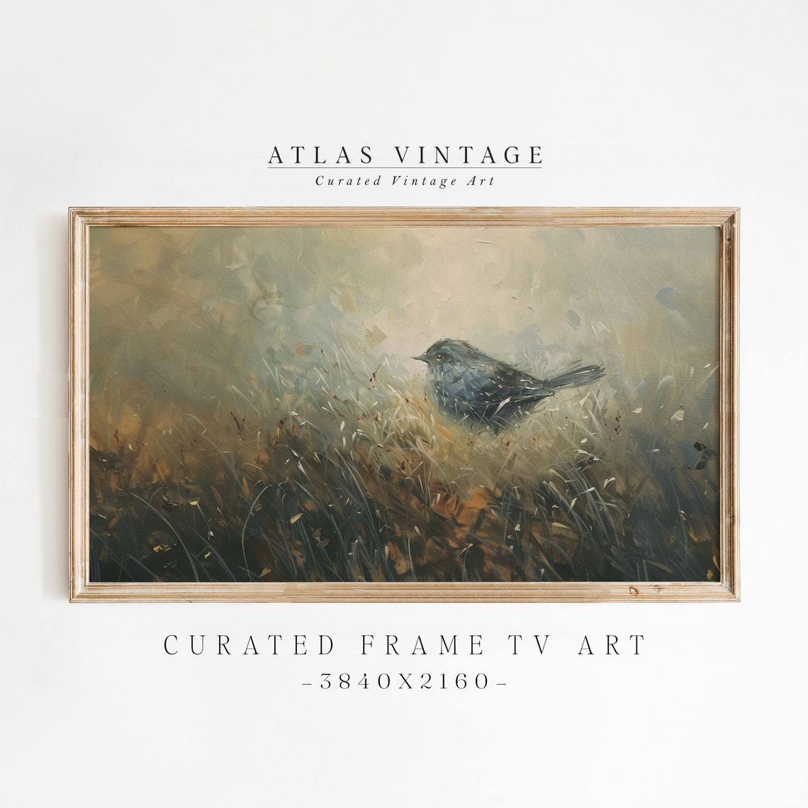 Small Dark Bird in Tall Grass Muted Vintage Impressionist Art Poster