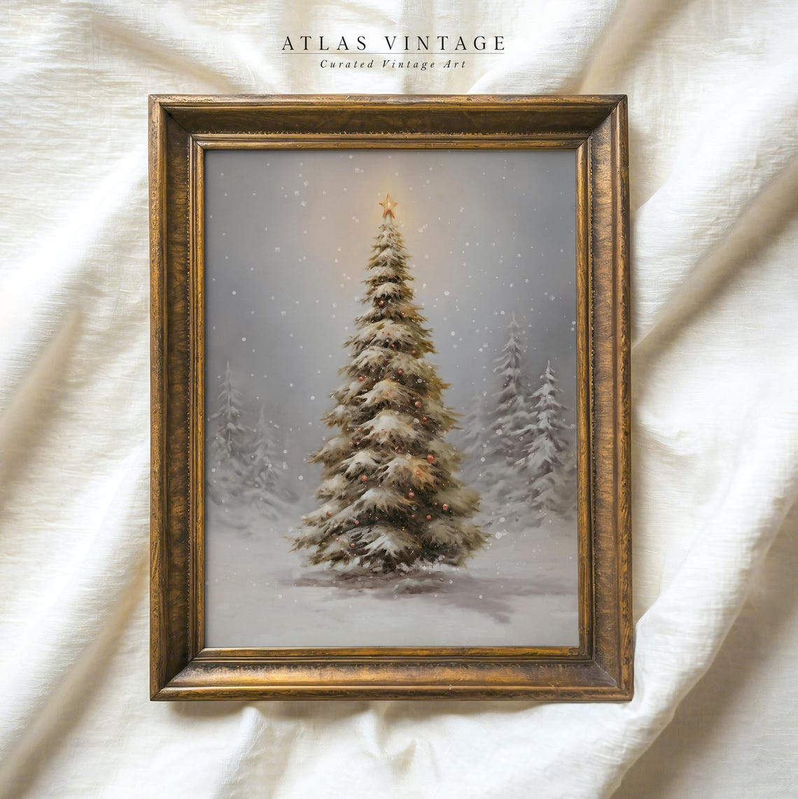 Snowy Christmas Tree Star Topper Falling Snow Winter Farmhouse Poster