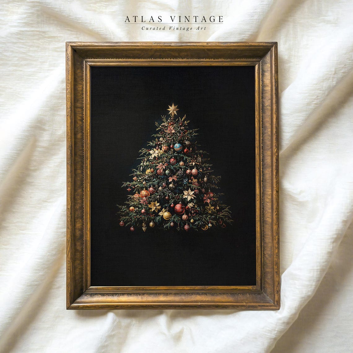 Dark Christmas Tree With Ornaments on Black Holiday Art Poster