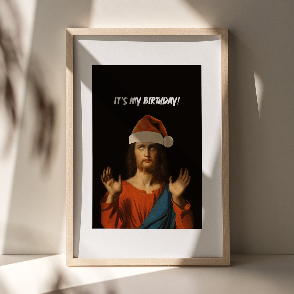 Funny Jesus Birthday Altered Painting Santa Hat Christmas Poster - Image 3