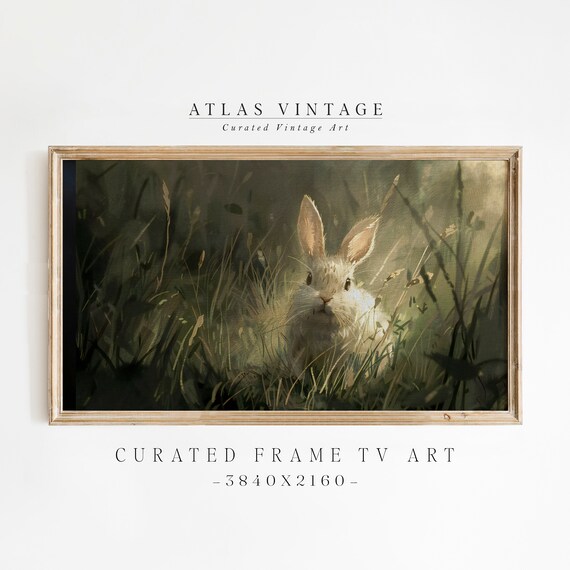 Moody White Rabbit Grass Painting Vintage Spring Bunny Art Poster