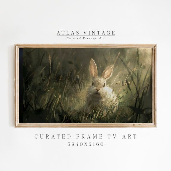 Vintage Easter Bunny Frame Tv Art Moody Rabbit Painting Frame Tv Art Spring Landscape Farmhouse Dcor Cottagecore Green Dcor