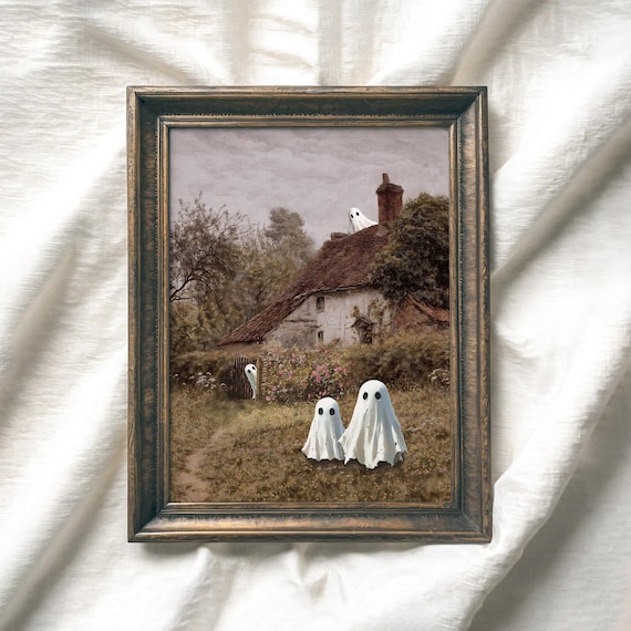 Cute Sheet Ghosts Old Country Cottage Fall Landscape Halloween Art Poster