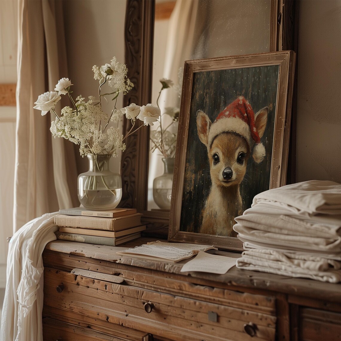 Cute Baby Deer in Santa Hat Vintage Christmas Fawn Painting Poster - Image 4