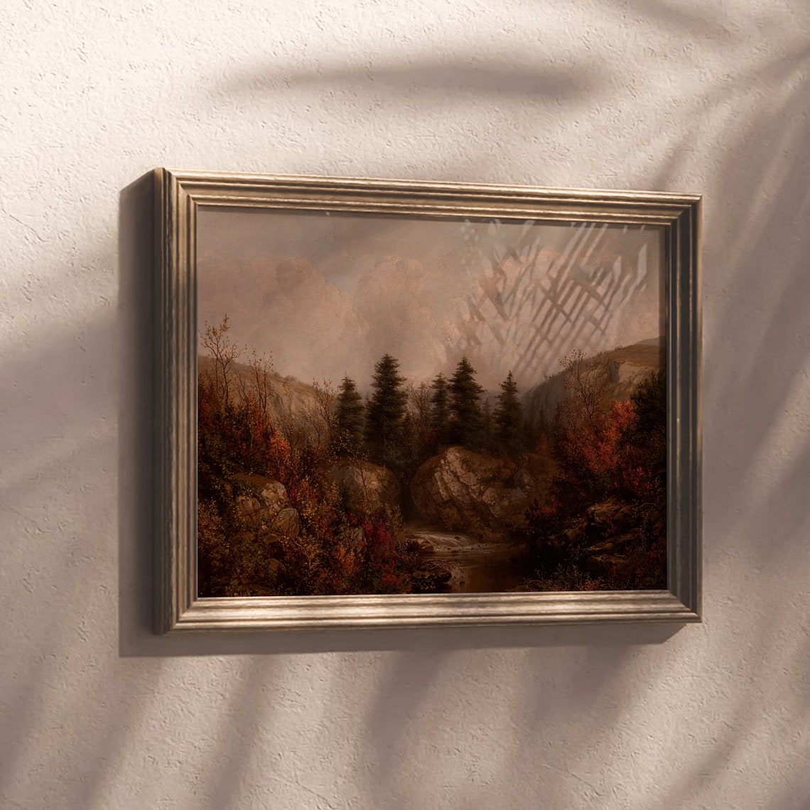 Vintage Autumn Pine Forest with Mountain Stream Landscape Poster - Image 5