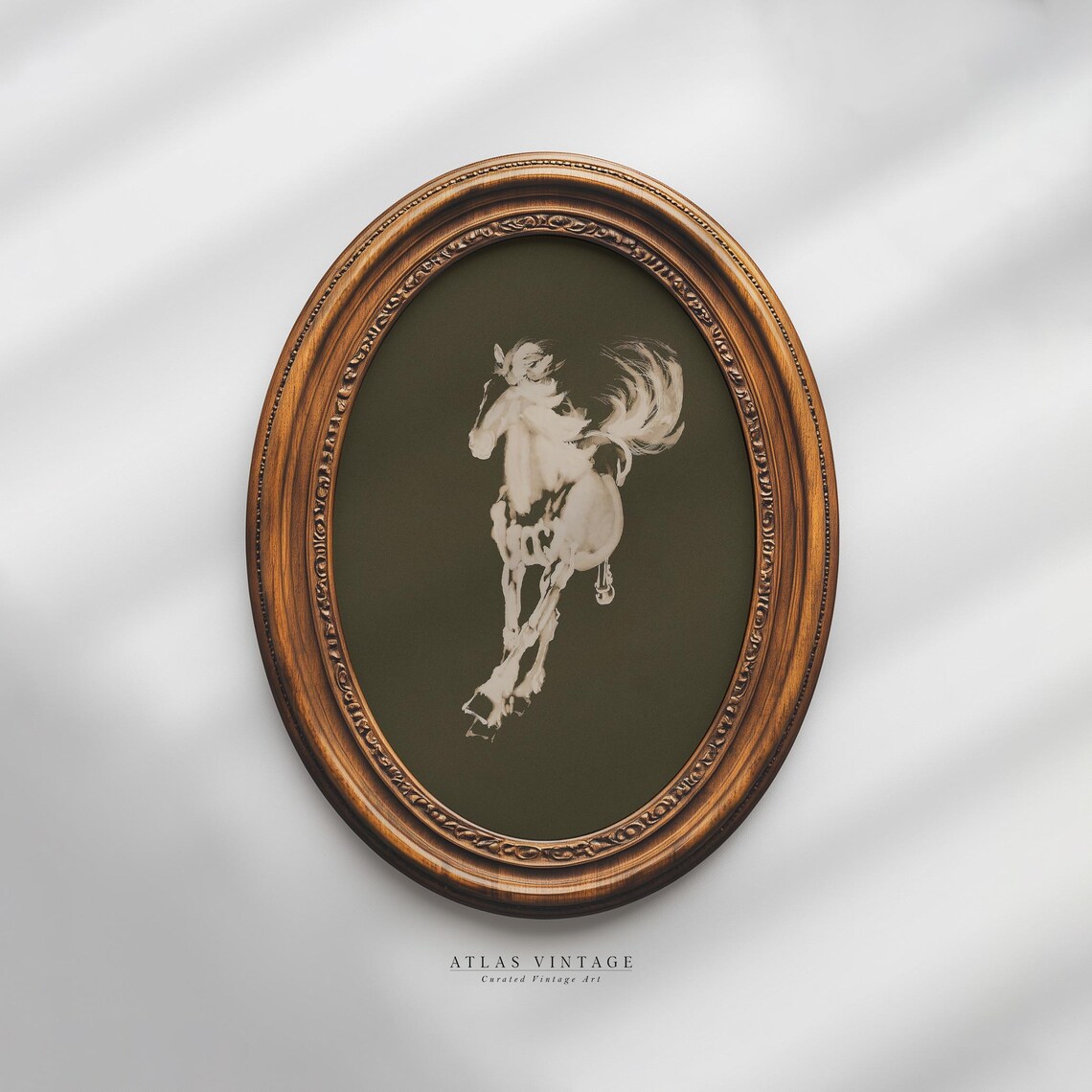 White Horse Sketch on Dark Olive Vintage Minimalist Equine Art Poster - Image 3