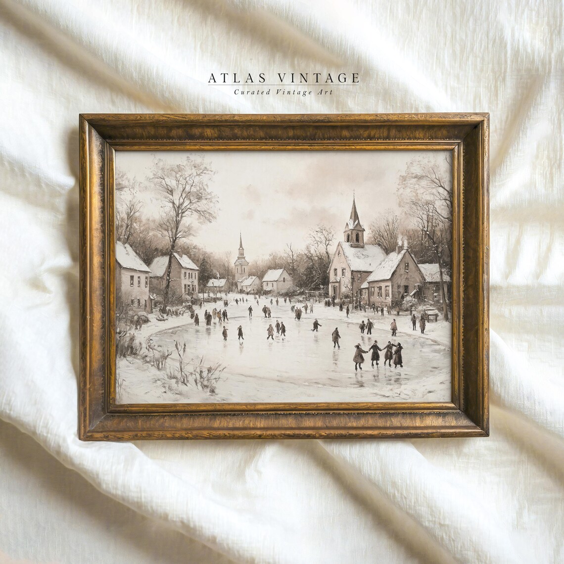 Vintage Hockey Players Print Neutral Winter Holiday Decor Christmas Village Snowy Landscape Painting Cityscape Prints - Image 5