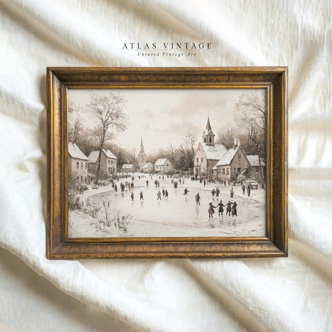 Vintage Ice Skaters on Frozen Pond Sepia Winter Village Poster - Image 5