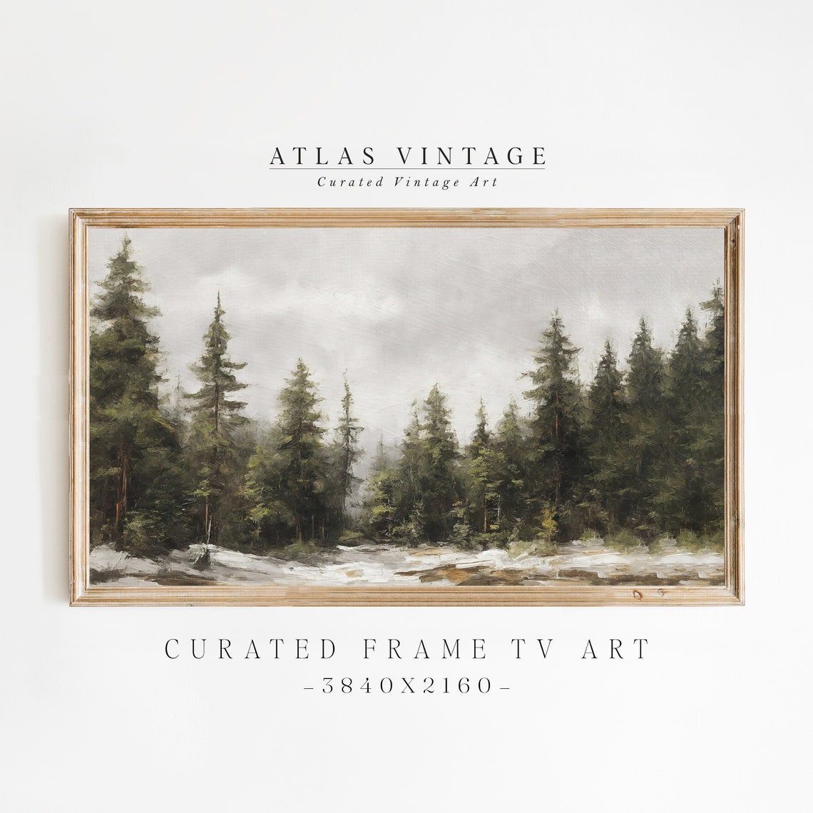 Snowy Winter Pine Forest Landscape Moody Trees Oil Style Poster - Image 2