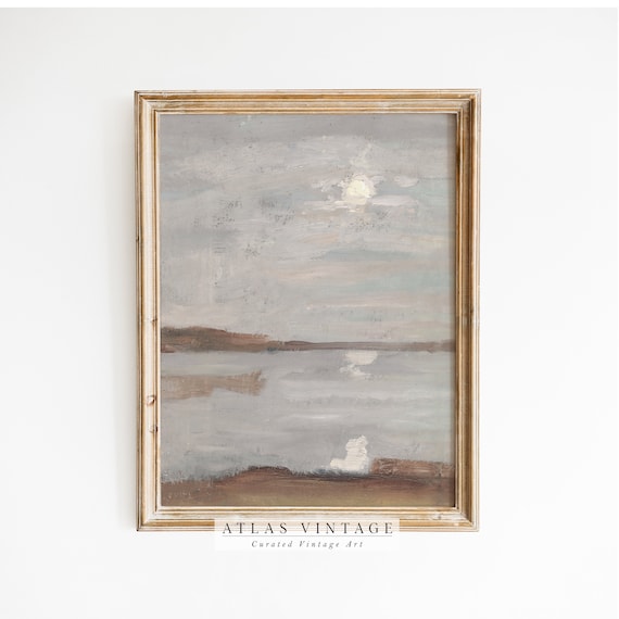 Moonlit Abstract Seascape Gray Muted Ocean Painting Neutral Coastal Art Poster