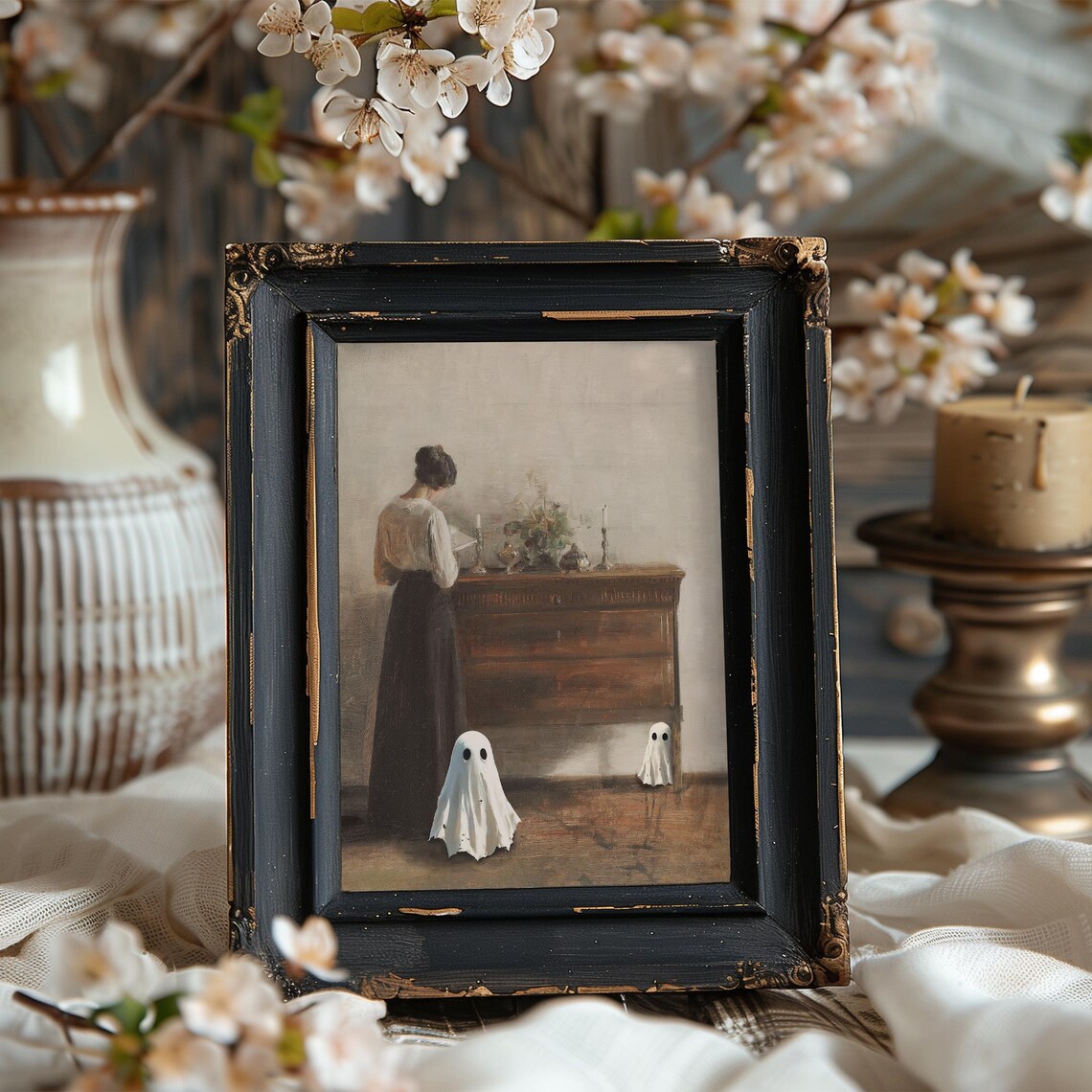 Elegant Woman Reading With Two Ghosts Candlelit Vintage Halloween Art Poster - Image 6