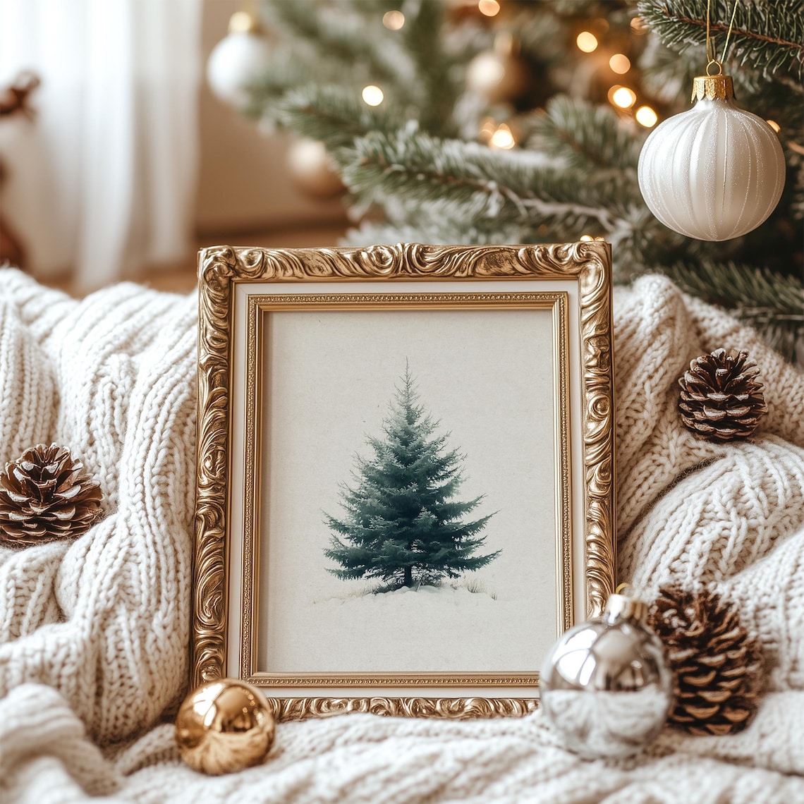 Snowy Spruce Tree Winter Minimalist Painting Neutral Holiday Wall Art - Image 3