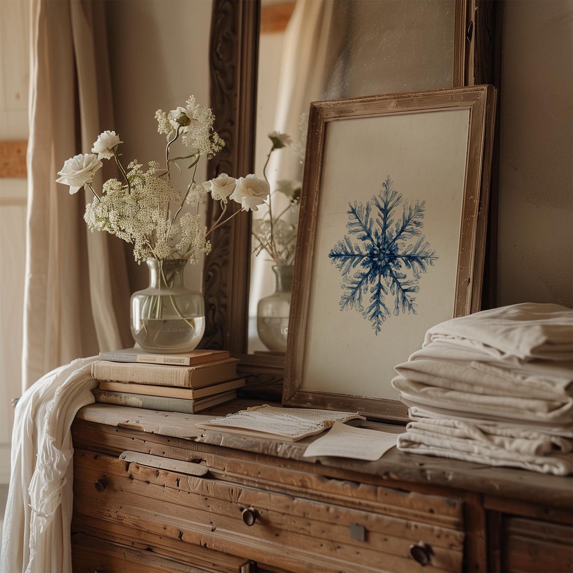 Delicate Blue Watercolor Snowflake on Beige Winter Holiday Poster - Image 5