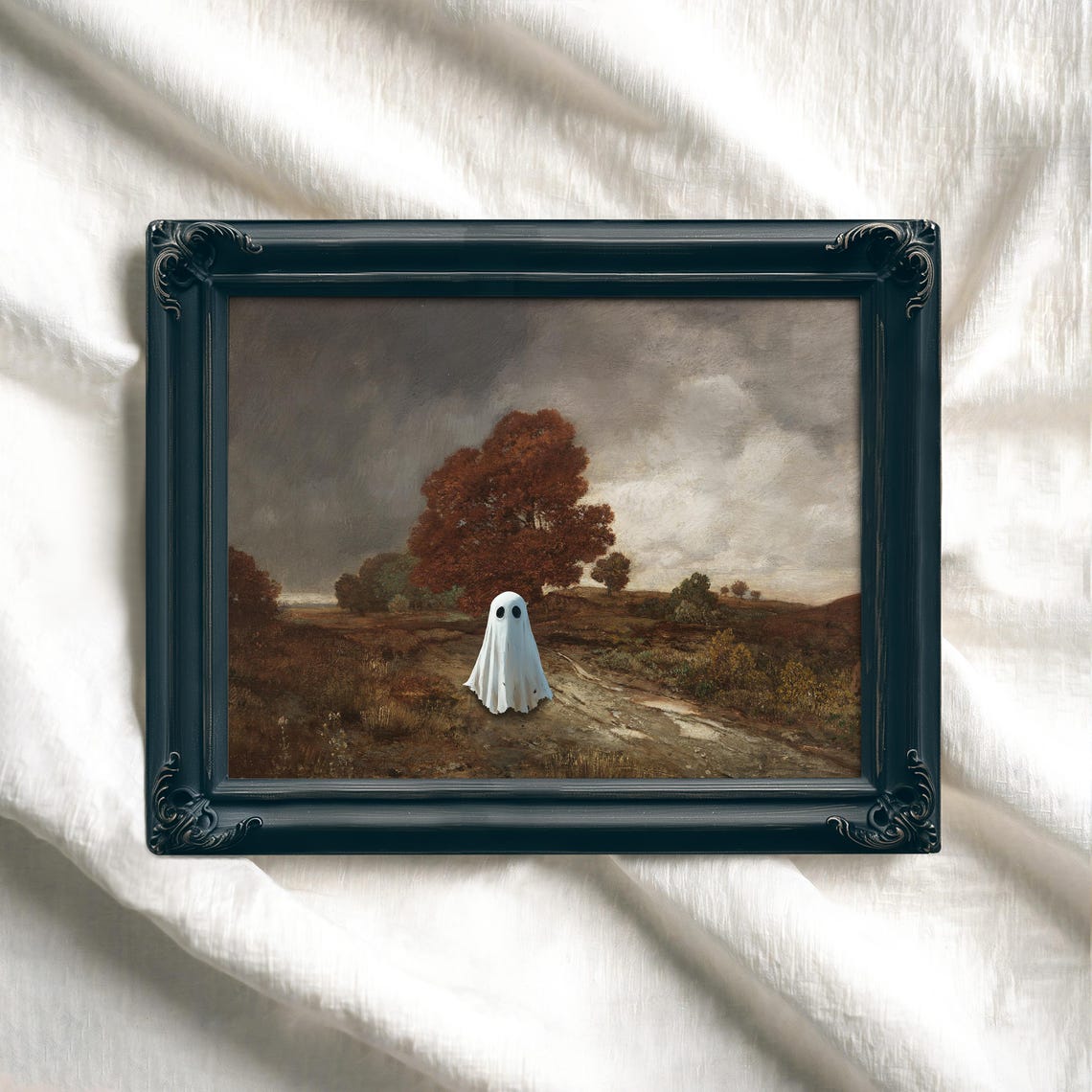 Vintage Halloween Ghost Print Rustic Country Fall Landscape Decor Spooky Autumn Wall Art Cute Ghost In Dark Forest Painting - Image 6