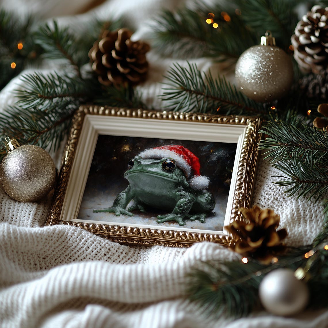 Christmas Frog In Santa Hat Painted Moody Winter Night Toad Poster - Image 7