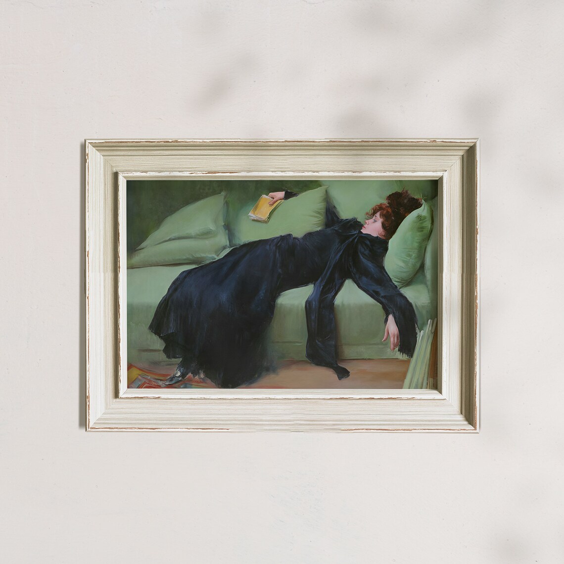 Moody Victorian Woman Portrait Dark Dress on Green Sofa Classic Art Poster - Image 8