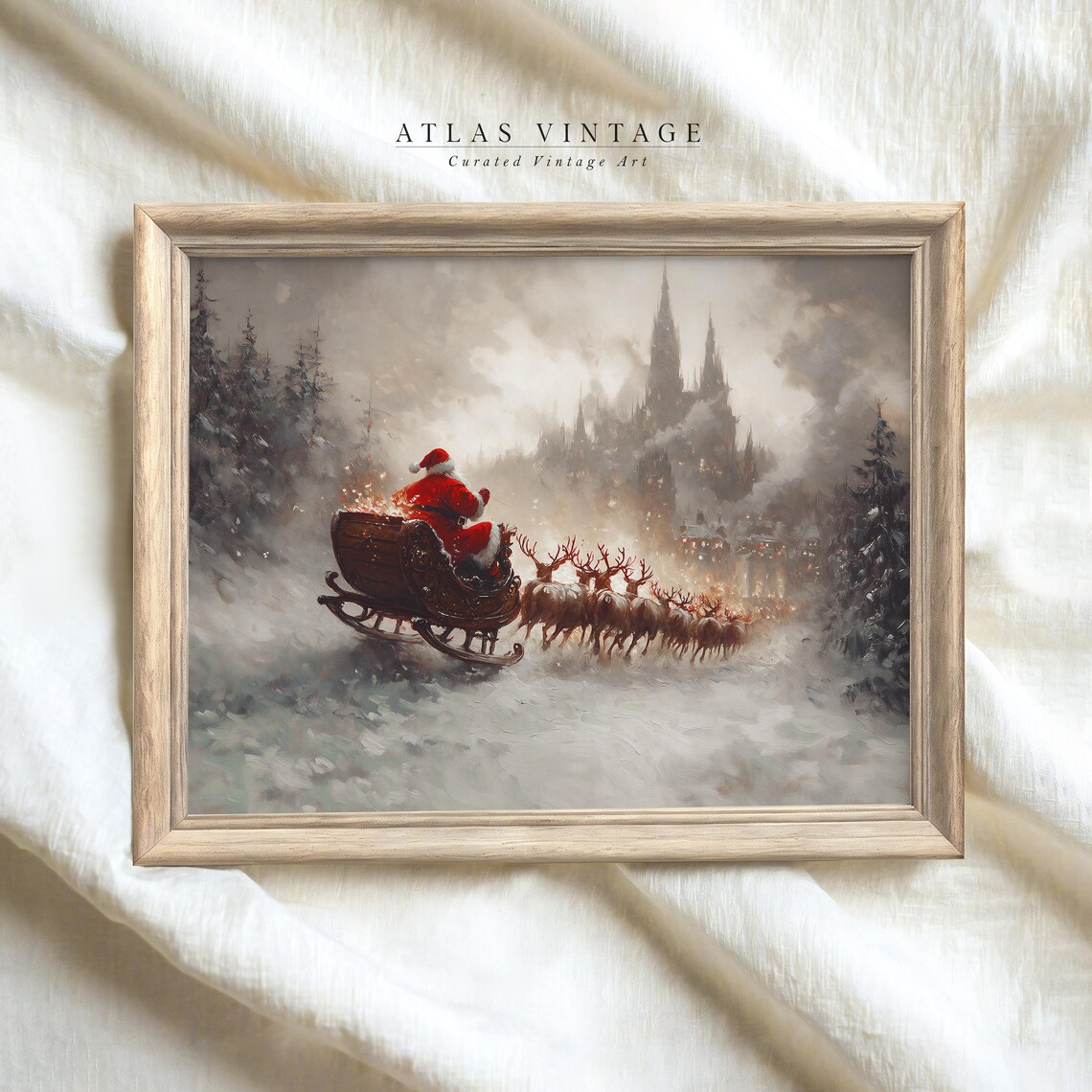 Santa Claus in a Red Sleigh Racing Toward a Snowy Village Poster - Image 4