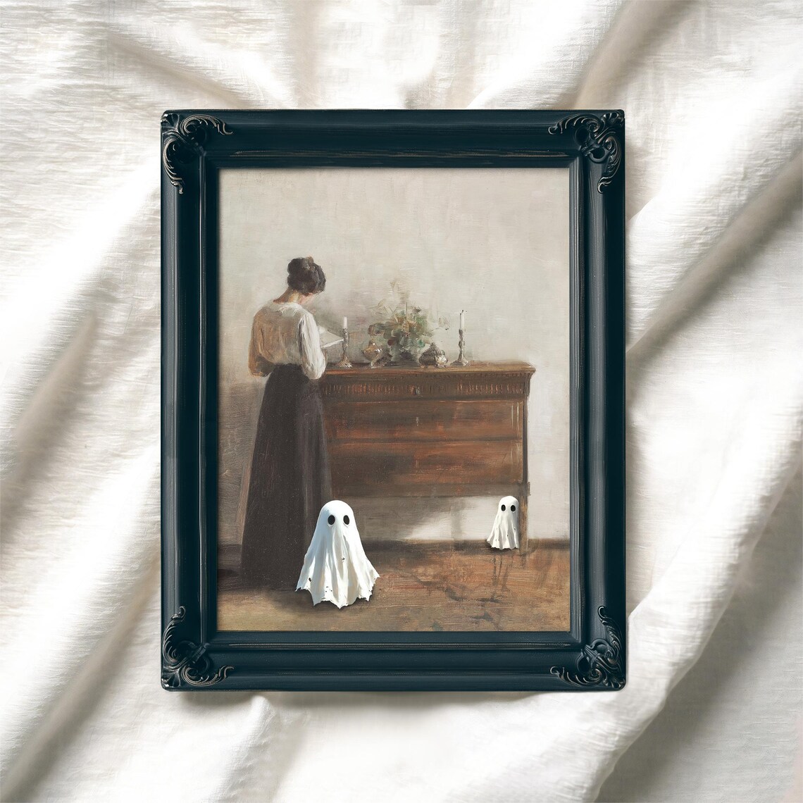 Elegant Woman Reading With Two Ghosts Candlelit Vintage Halloween Art Poster - Image 7
