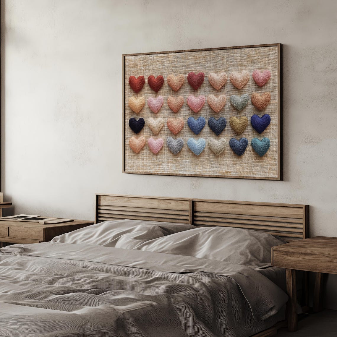 Rustic Embroidered Heart Grid Pastel Linen Textile Art Poster - Image 3