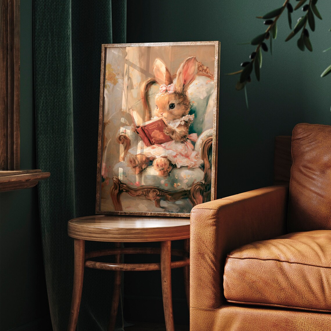 Vintage Bunny Reading a Book Print Cute Rabbit Oil Painting Nursery Wall Decor - Image 7