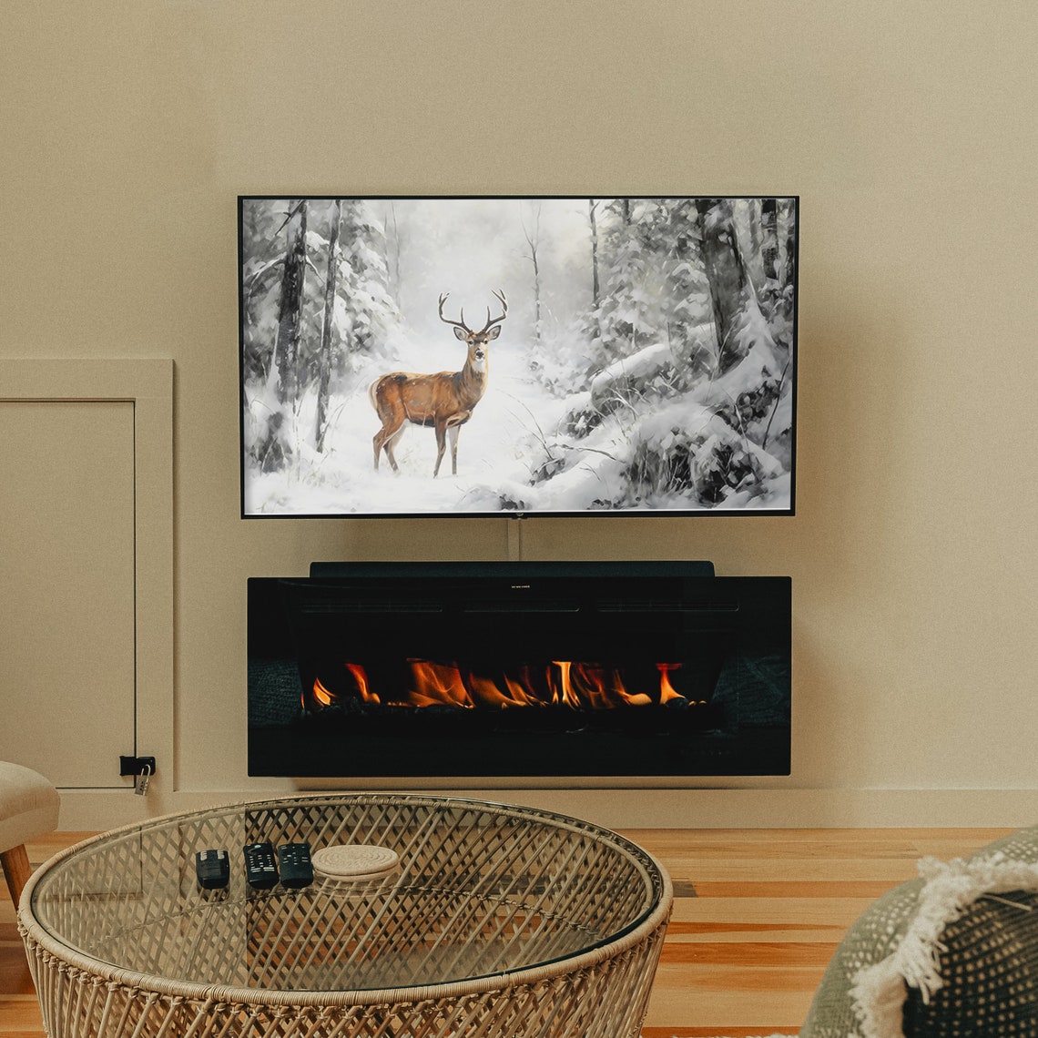 Deer in Snowy Winter Forest Painting Buck with Antlers Art Poster - Image 3