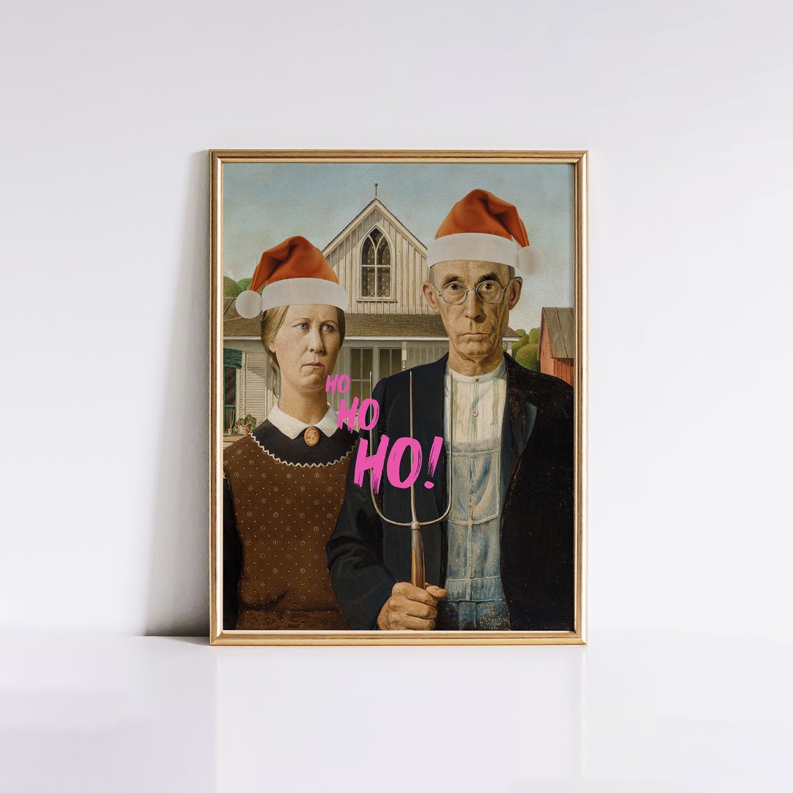 American Gothic Santa Hats Funny Altered Christmas Art Poster - Image 6